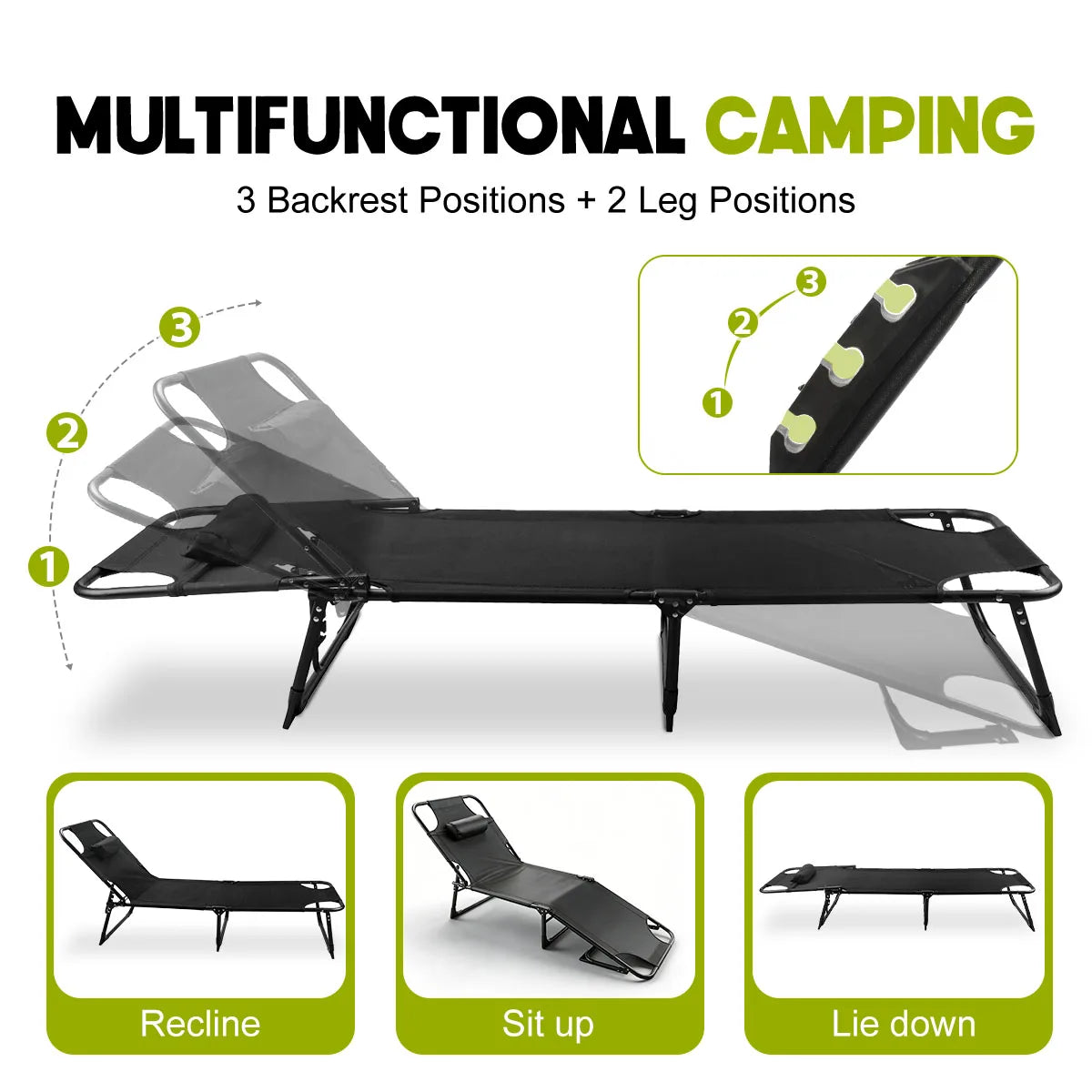 Folding Adjustable Camping Lounge Chair with Cushion for Beach and Pool