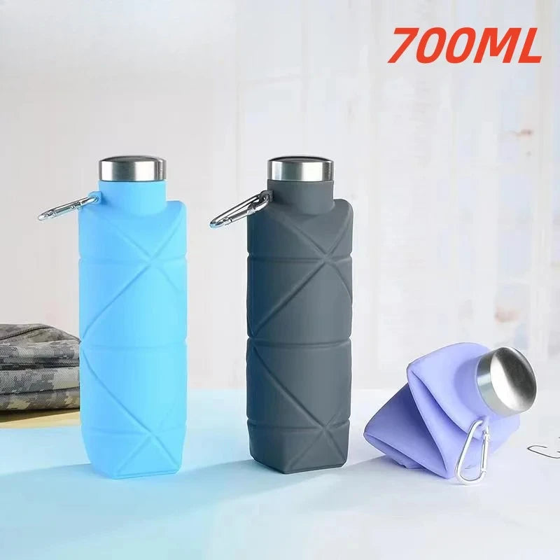 LUSQI 700ml Travel Outdoor Sports Silicone Folding Rhombus Water Bottle Portable Drop-Proof Water Cup Steel Lid Telescopic Cup