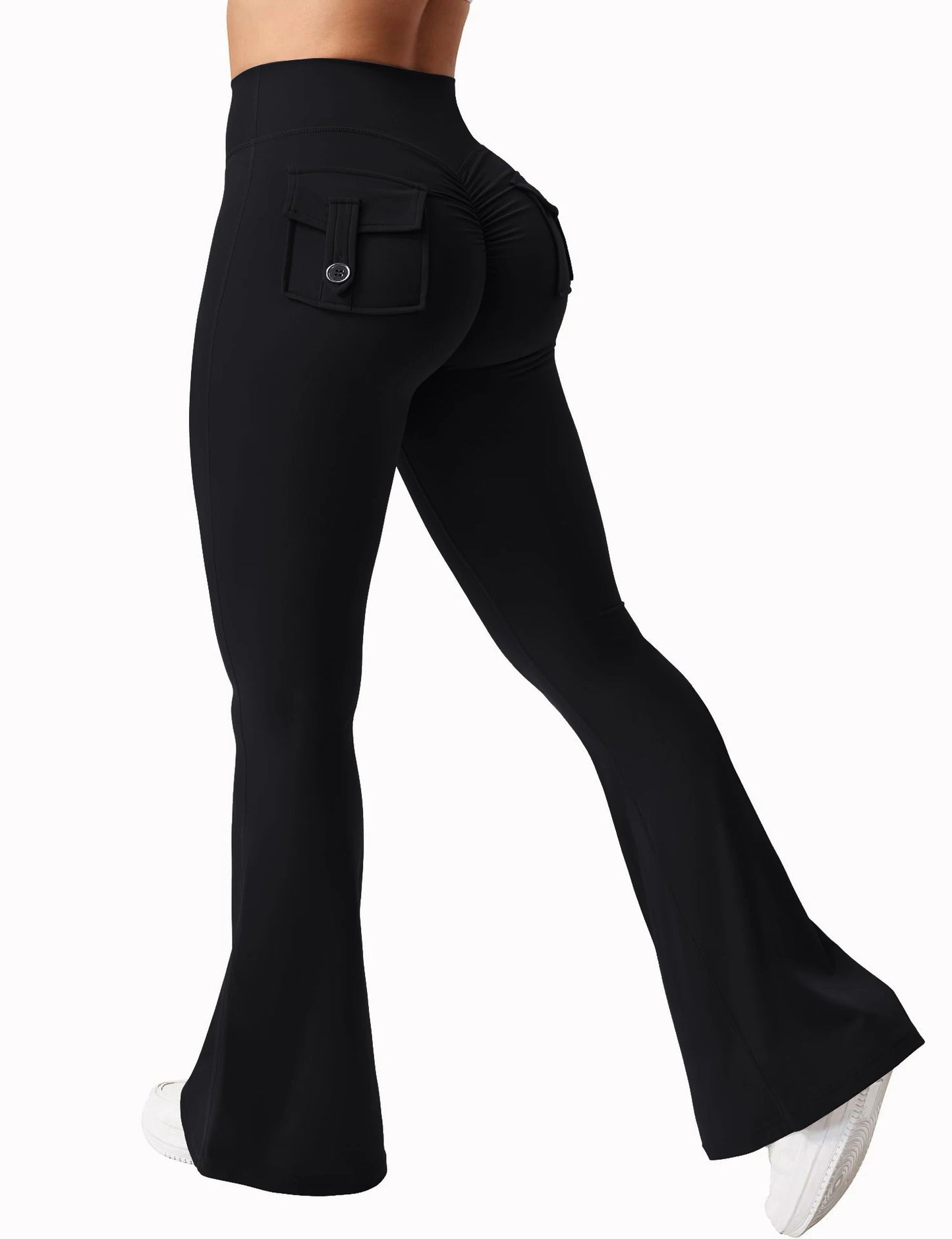 Womens High Waisted Yoga Flare Trousers With Pockets Wide Leg Gym Workout