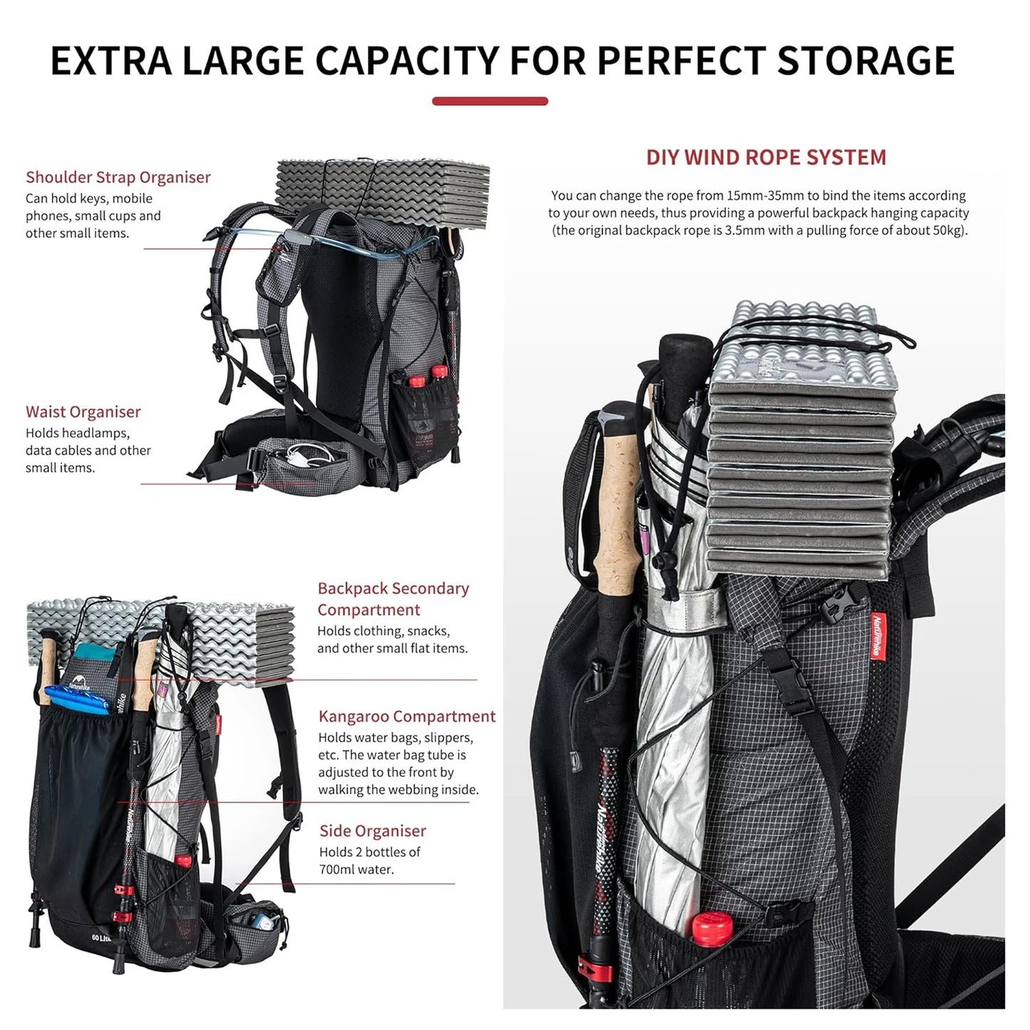 Conquer every trail with the Naturehike 60 Plus 5L waterproof backpack that keeps your gear secure from peak to campsite, rain or shine.