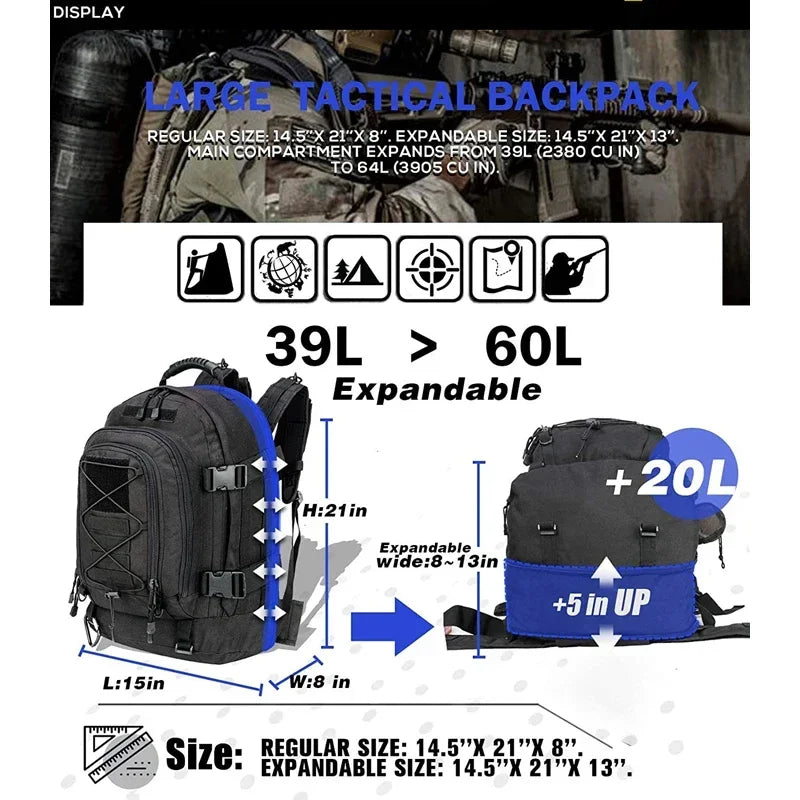 Q Extra Large 60 Liter Tactical Backpack For Men Women Waterproof Laptop Travel