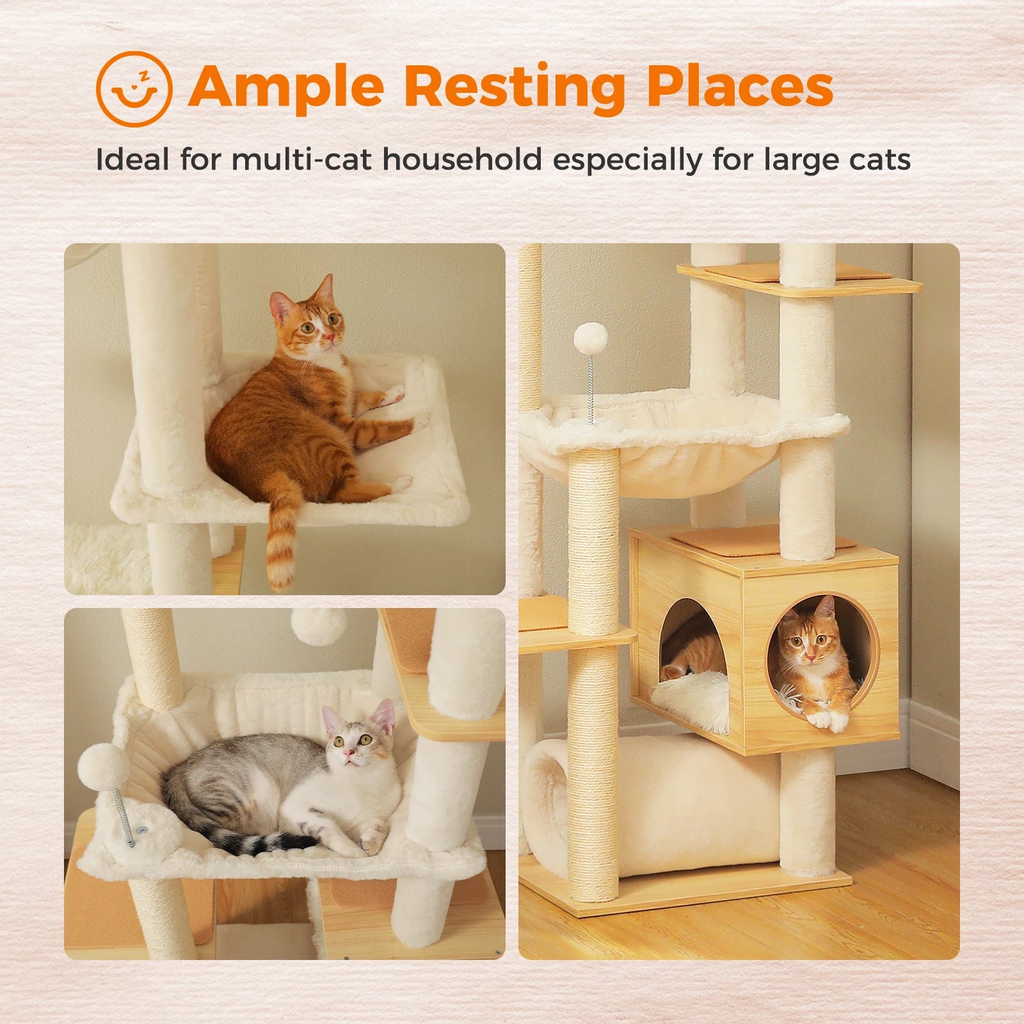PAWZ Road Height Adjustable Wooden Cat Tree With Large Hammock And Sisal Posts
