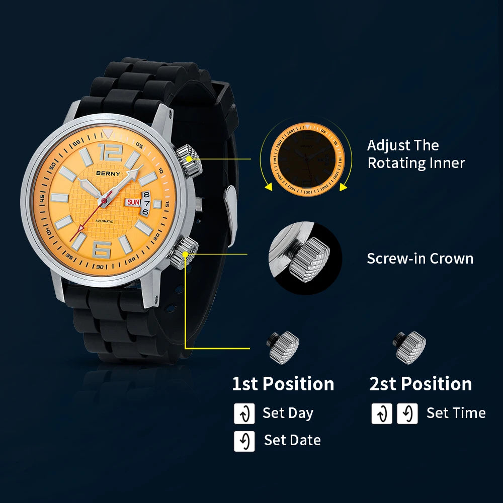 You’ll experience performance and timeless style with the BERNY 20ATM Diver Automatic Mechanical Watch, built to perform wherever you go.