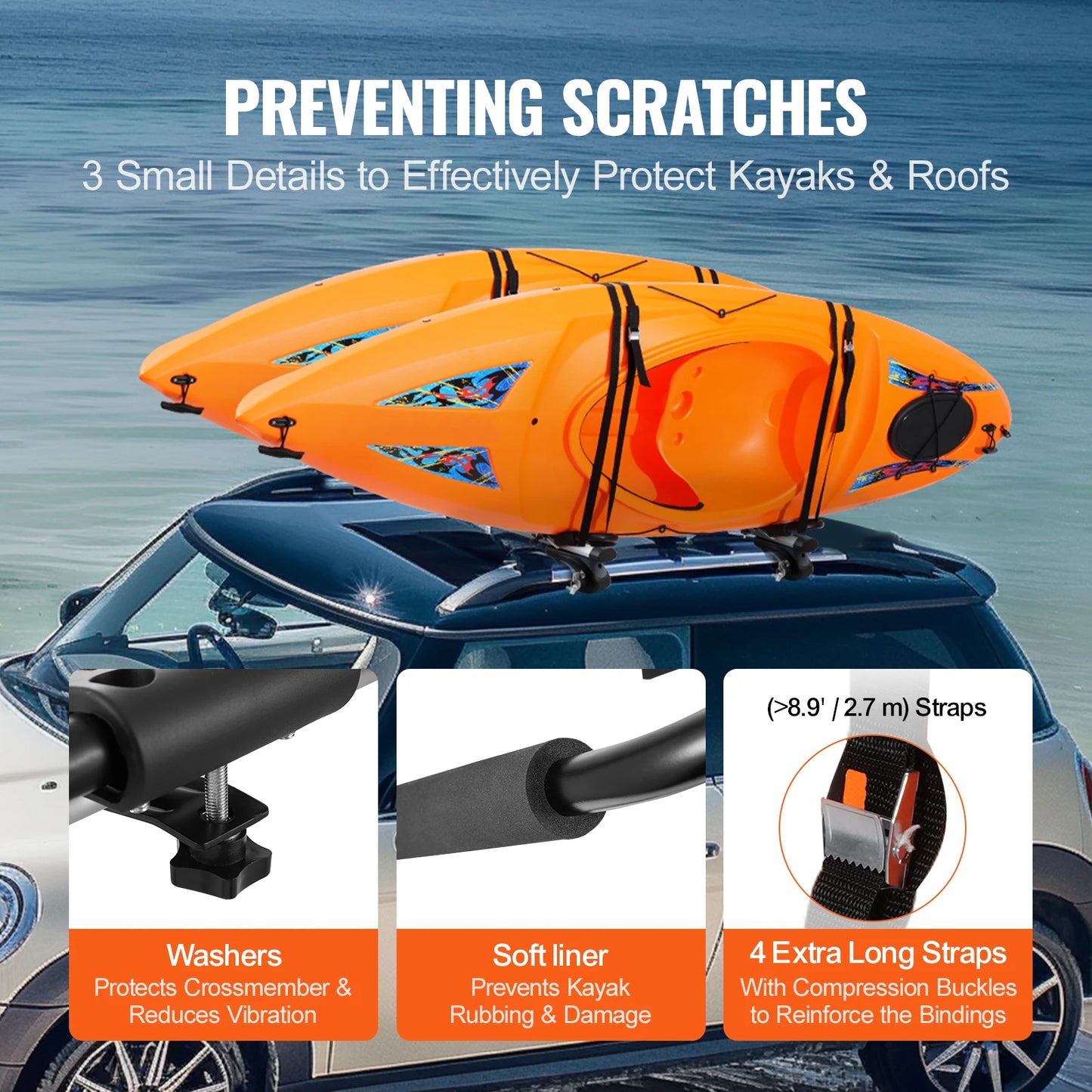SucceBuy Kayak Roof Rack 2 Pairs J-Bar Soft Roof Rack Quick Folding Top Mount Tie Down Carrier for Surf Board Canoe Ski Board
