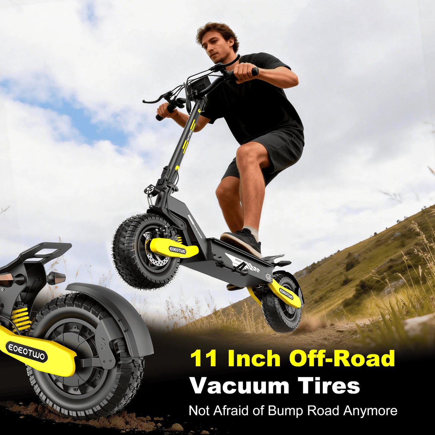 Ride the EOEOTWO GT06 electric scooter, a power-packed off-road marvel designed for speed, stability, and everyday adventures.