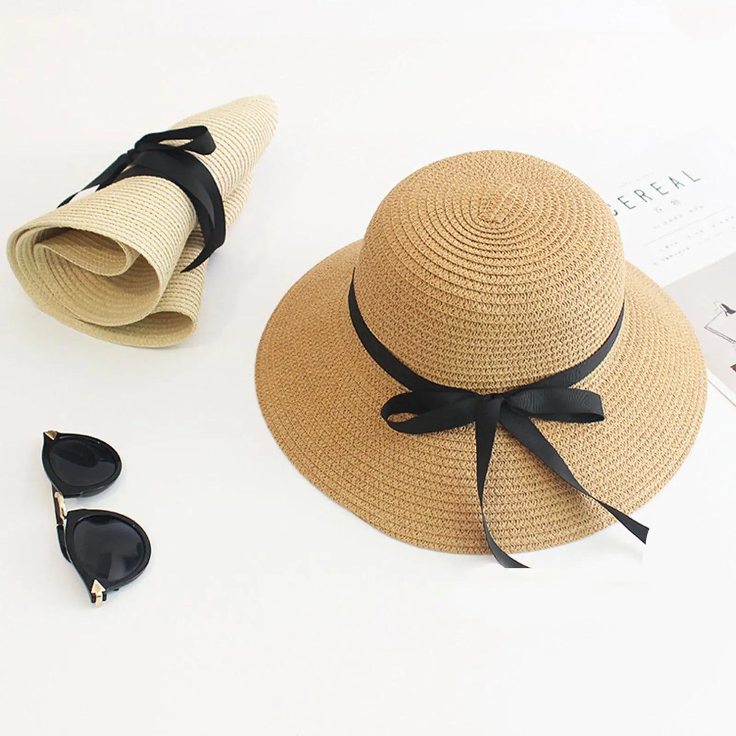 Summer straw hat,large wide brim,foldable beach sun hat, straw woven drooping brim UV protection ladies outdoor travel straw hat