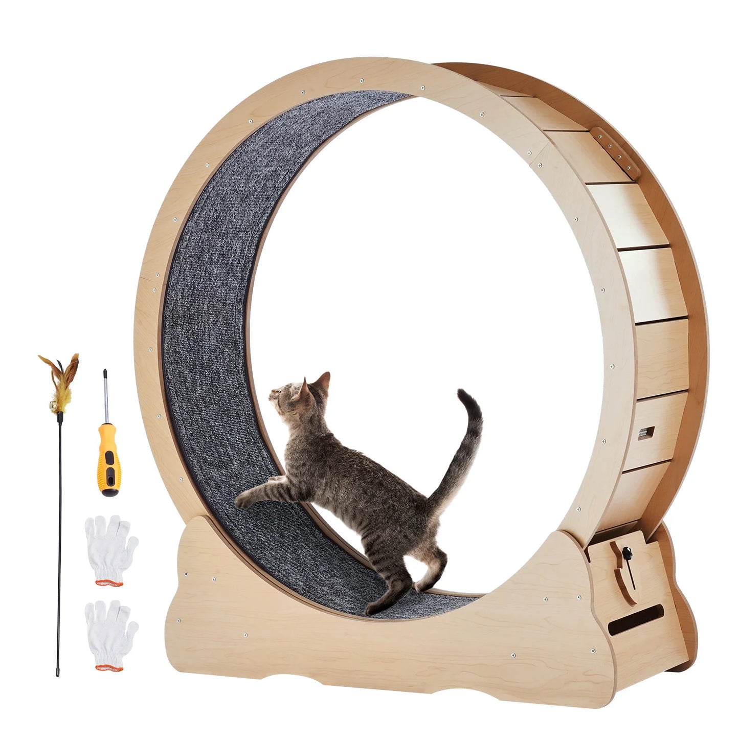 Give your indoor cat a fun, safe cardio workout with this sturdy wooden exercise wheel designed for daily use.