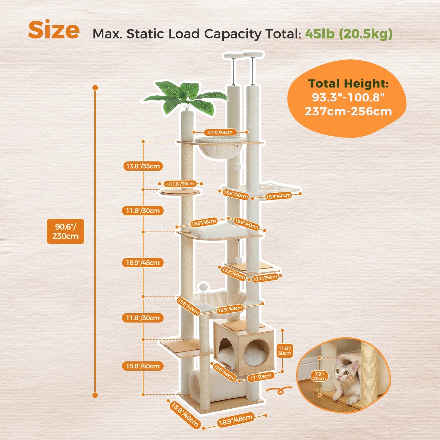 PAWZ Road Height Adjustable Wooden Cat Tree With Large Hammock And Sisal Posts