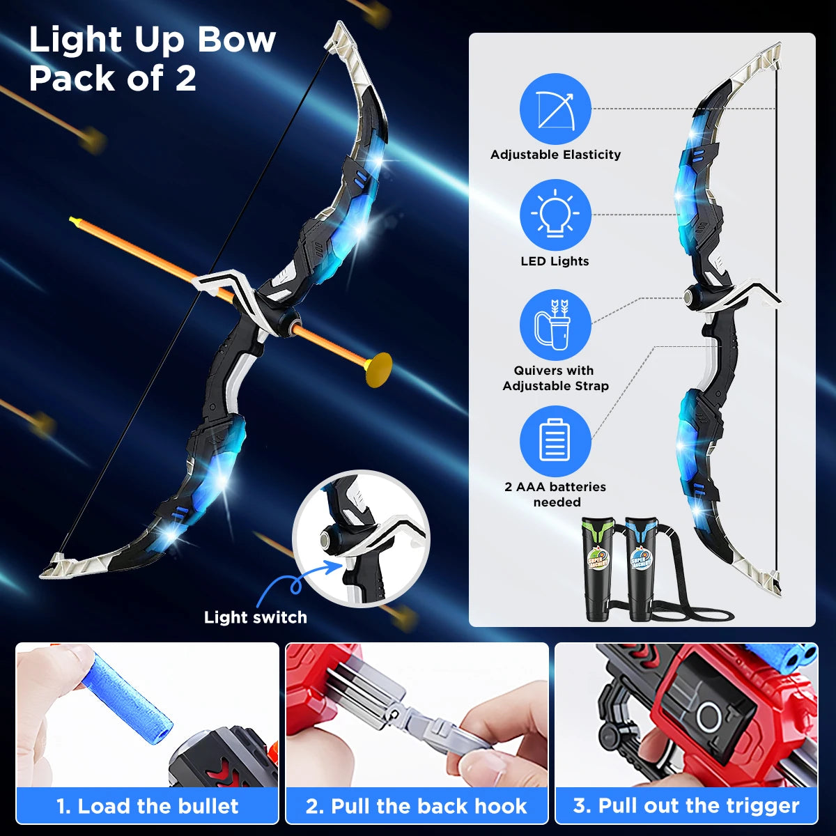 Light up your playtime with the VATOS 2X Bow Arrow Toy Set, a safe, action-packed archery game for creative indoor and outdoor fun.