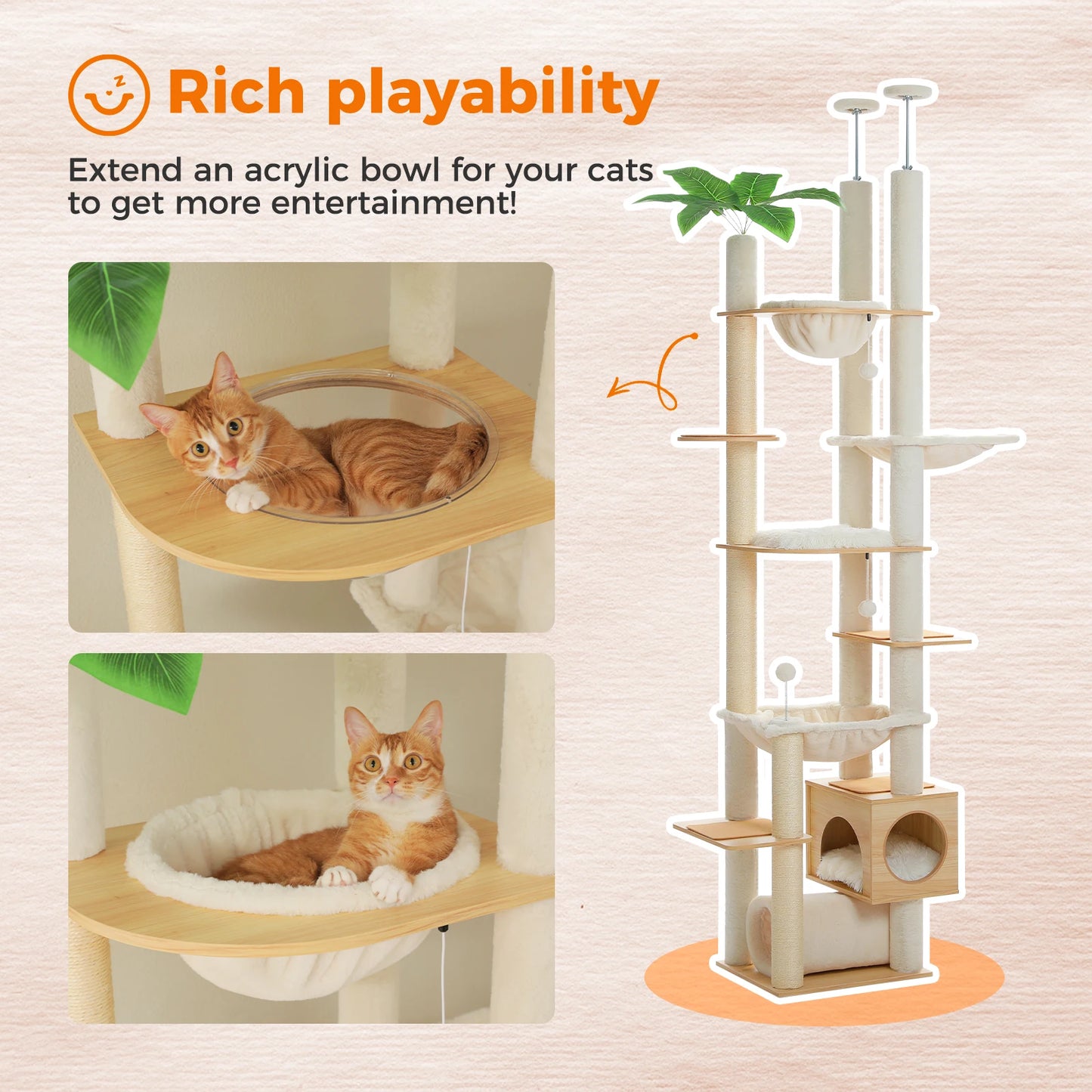 PAWZ Road Height Adjustable Wooden Cat Tree With Large Hammock And Sisal Posts