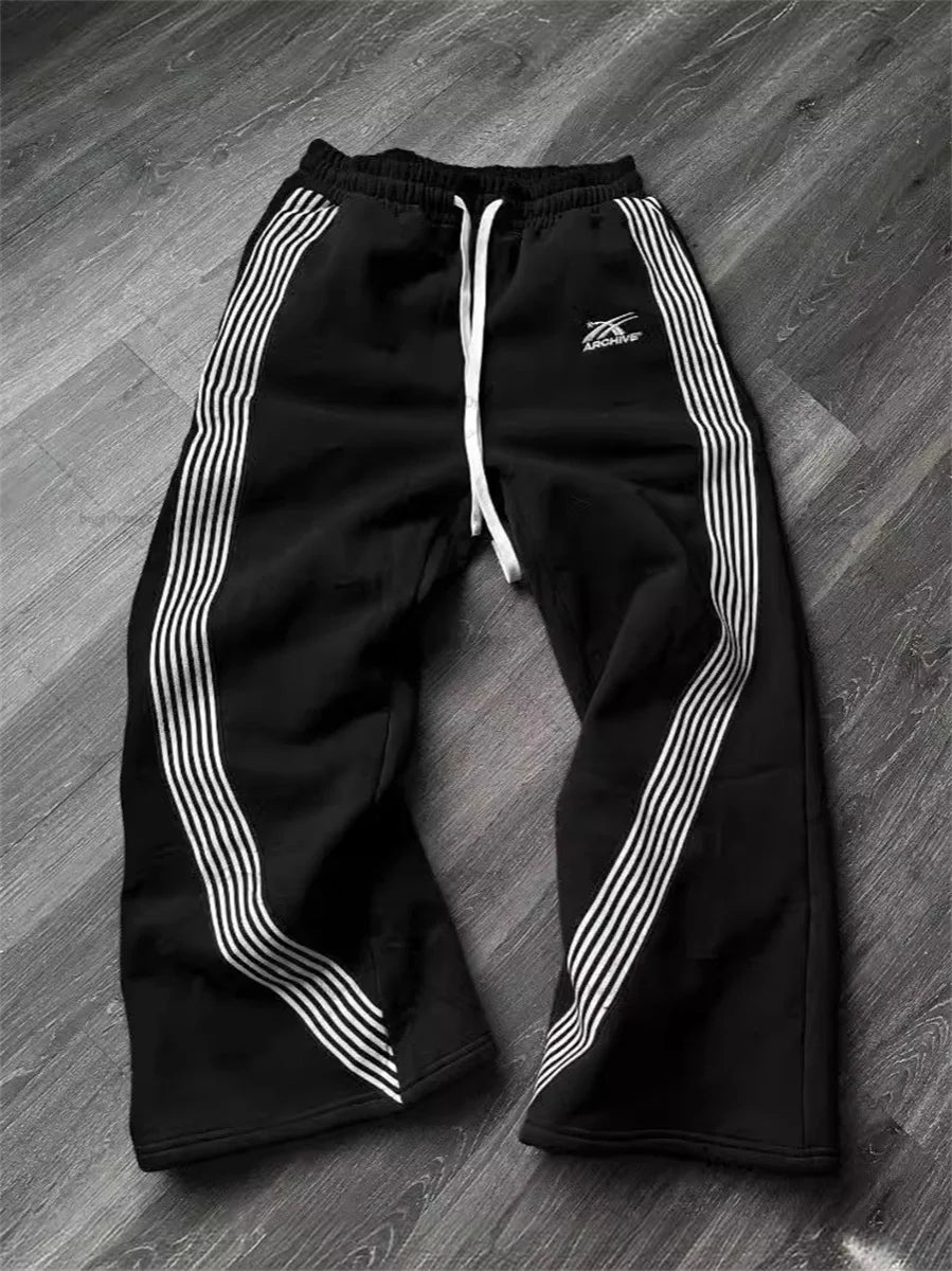 Y2K Embroidered Black Gray Camo Casual Tactical Jogging Sweatpants Drawstring
