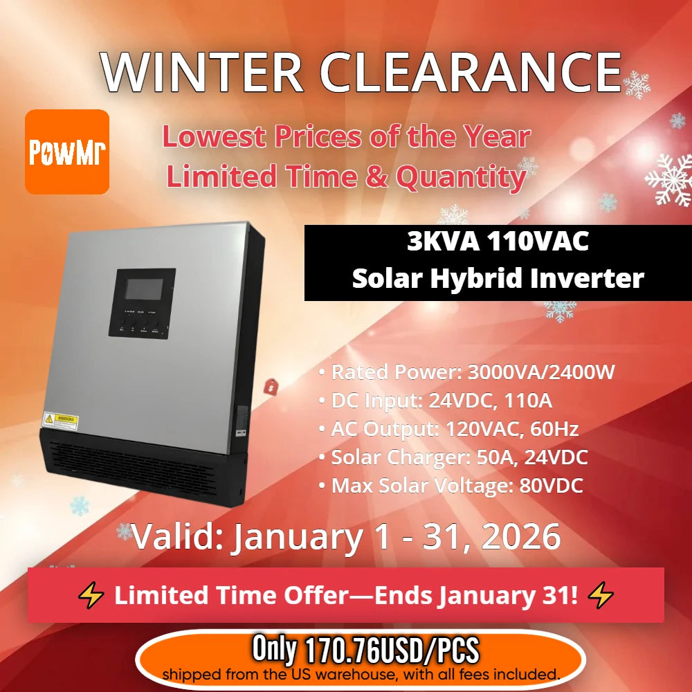 PowMr 3KW Hybrid Solar Inverter 24V to 110V 120V 2400W Pure Sine Wave PWM 50A Solar Charge Controller and AC Charger for Home