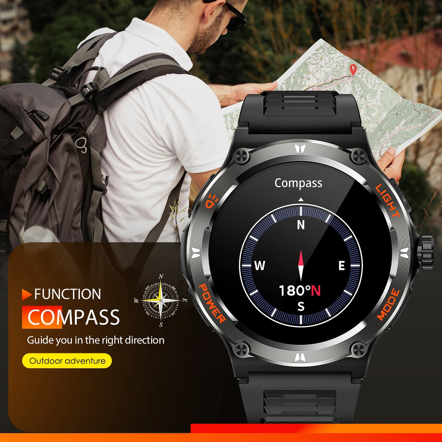 LaNikar Smart Watch KT76 1.53 Inch 3ATM Waterproof Compass Bluetooth Heart Rate