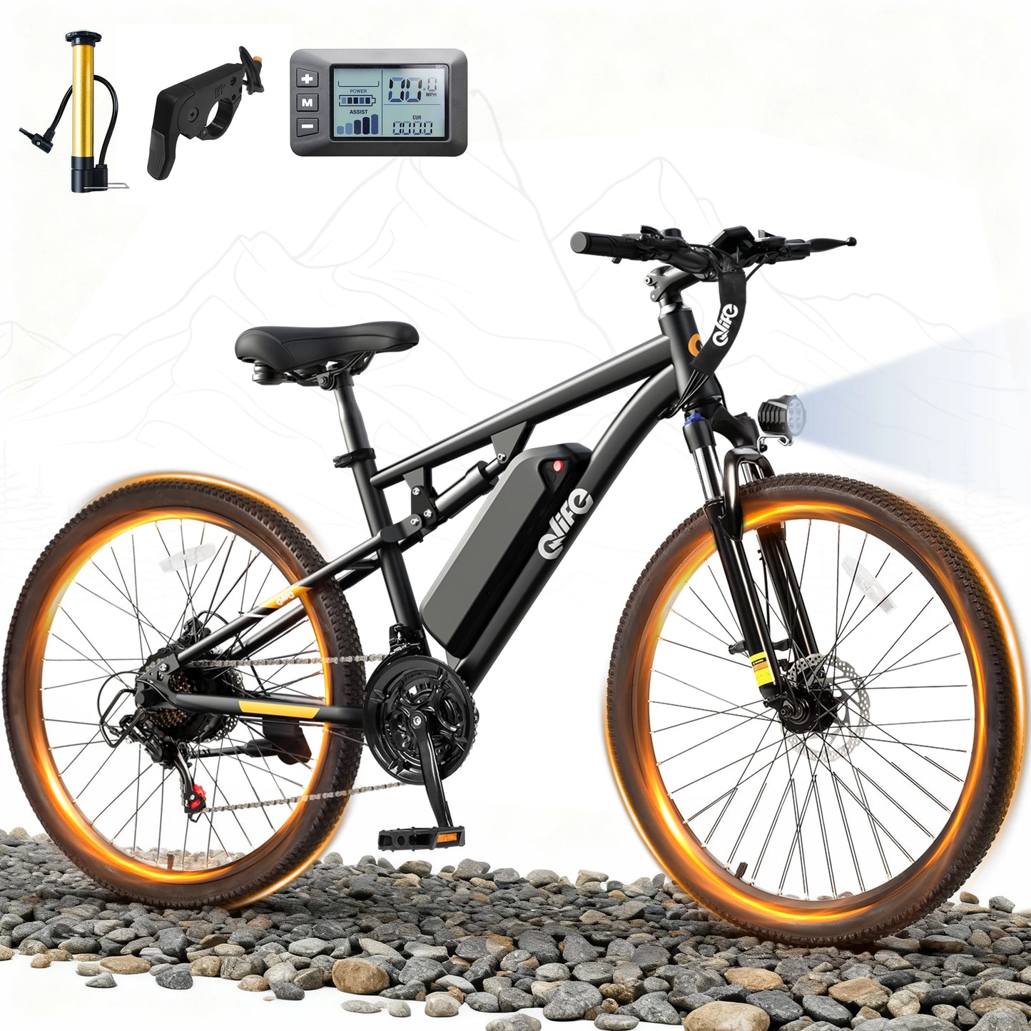 Qlife Racer Ultra 27.5" Electric Bicycle for Adults, Full Suspension 21-Speed Mountain Ebike with 1200W Brushless Motor, 48V 10.4AH Removable Battery 55 Miles