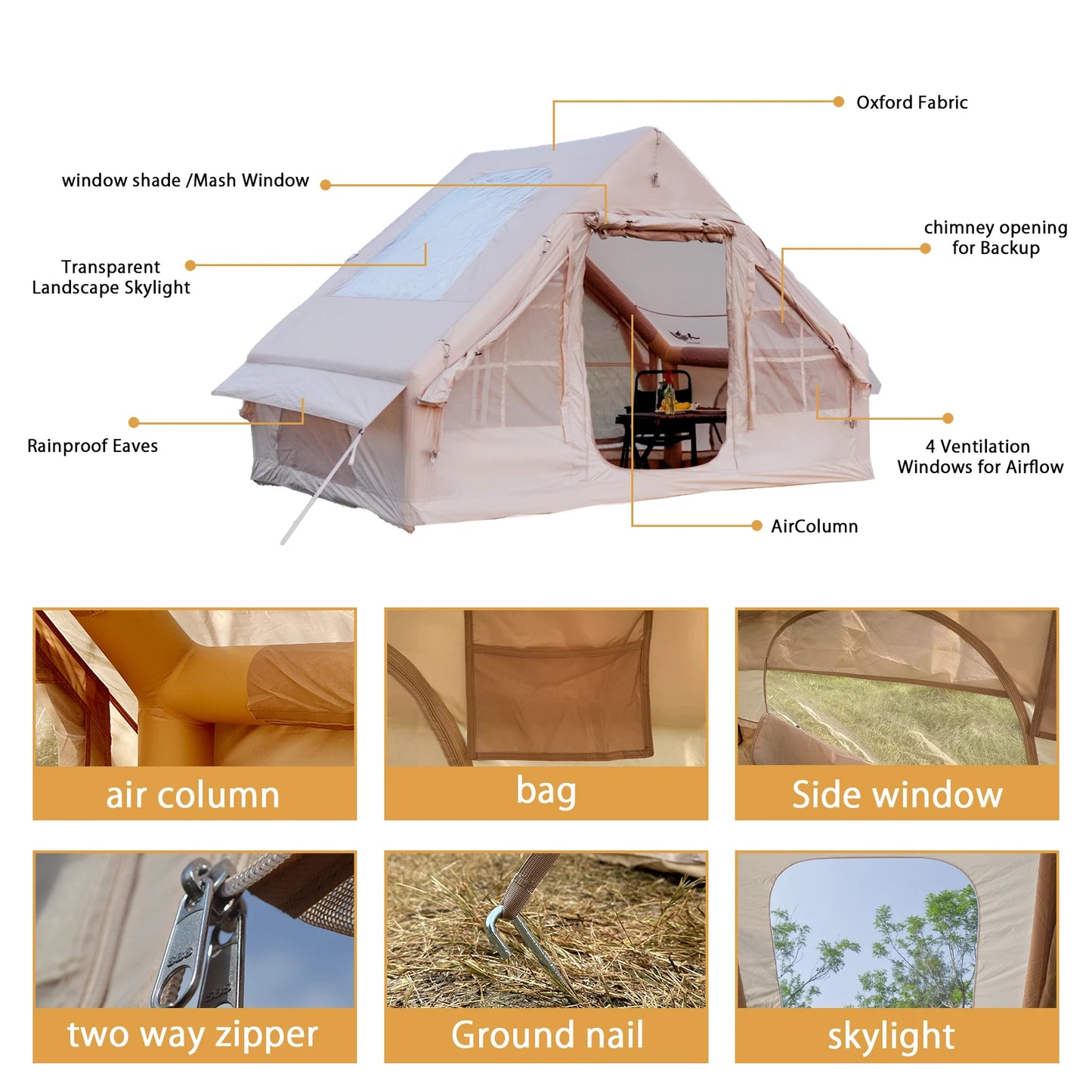 PAKICETUS Inflatable Tent With Skylight, Quick Setup Blow Up Tents With Pump, 4-6 PersonOutdoor Family Luxury Tent