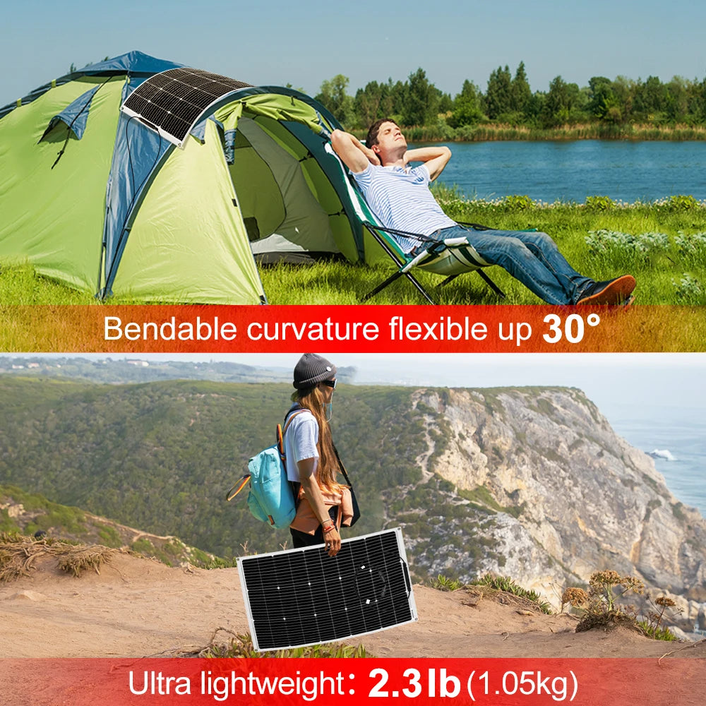 DOKIO 100W Flexible Monocrystalline Solar Panel Waterproof for RV Camping 12V