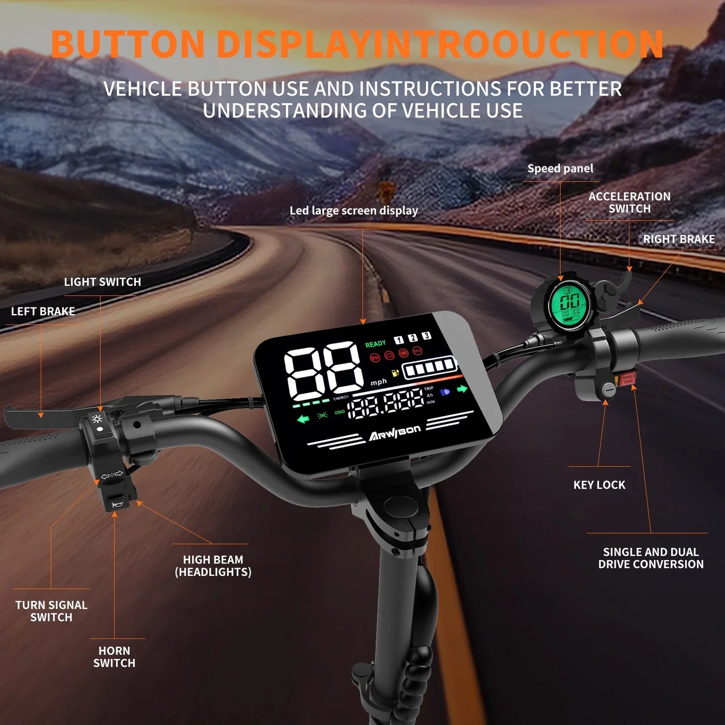 Experience raw power and fearless control with Arwibon's 5600W dual motor electric scooter, built to dominate roads and rugged trails alike.