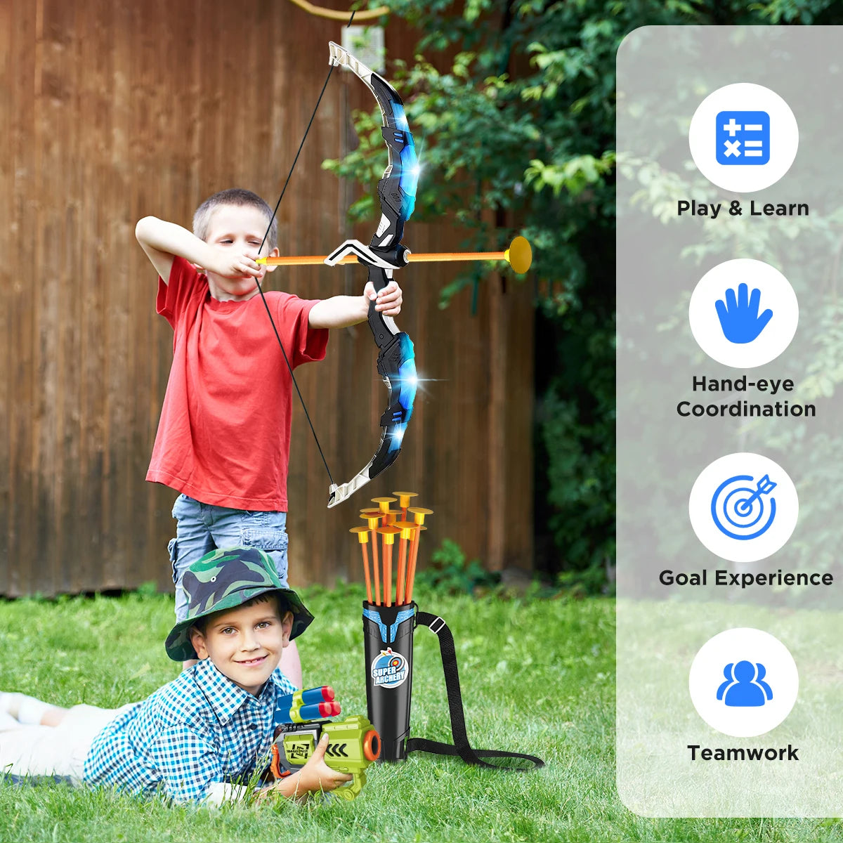Light up your playtime with the VATOS 2X Bow Arrow Toy Set, a safe, action-packed archery game for creative indoor and outdoor fun.