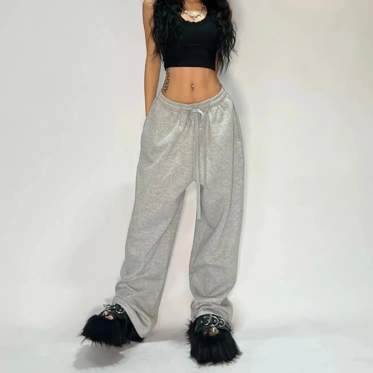 Y2K Embroidered Black Gray Camo Casual Tactical Jogging Sweatpants Drawstring